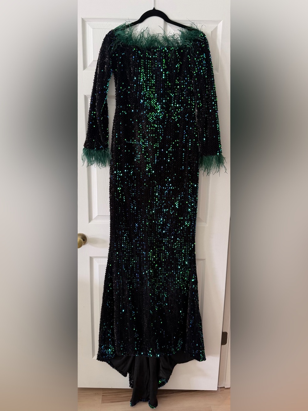 Elegant Black & Emerald Sequin Long Sleeve Evening Gown with Feather Trim